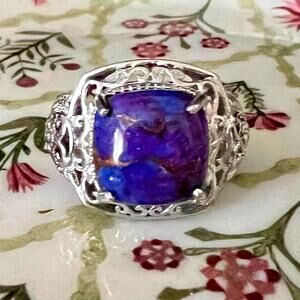 Karis STS Ring Women Size 7 Silver Tone Purple Cushion Cabochon Filigree